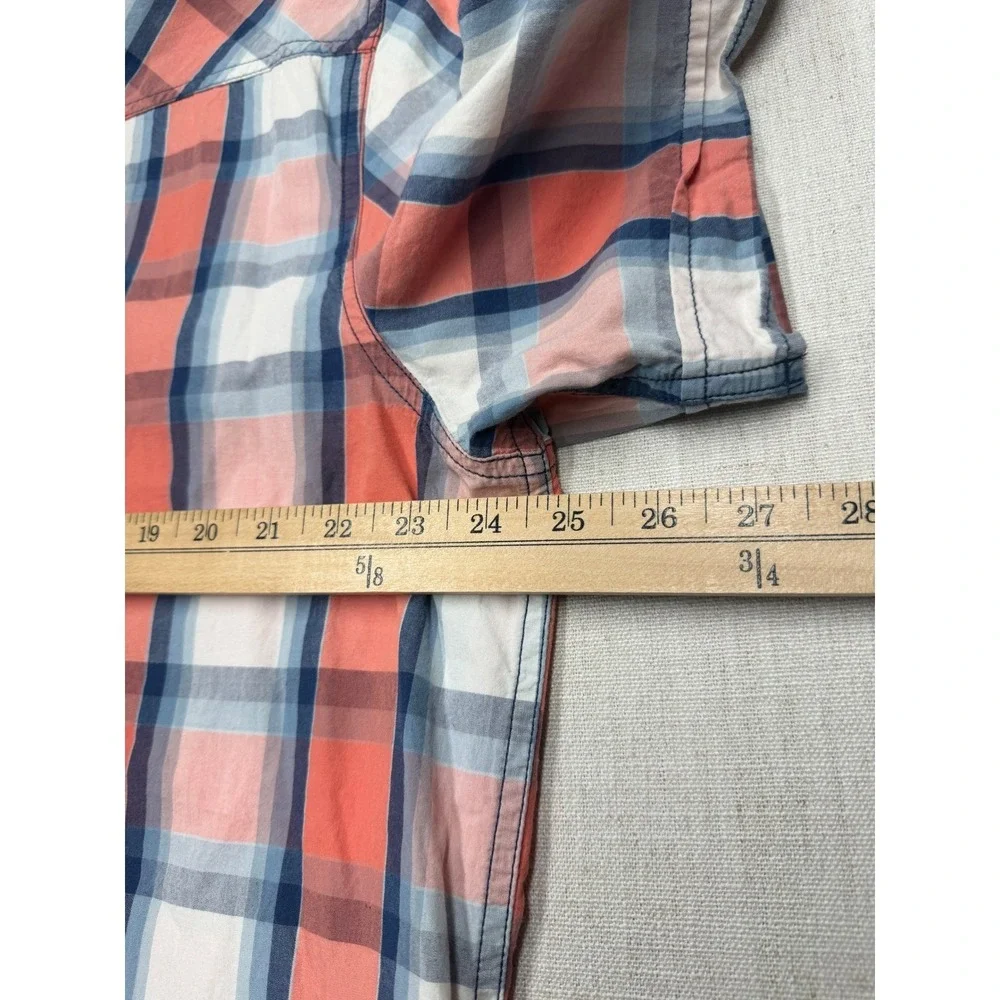 True Religion Mens 2XL Western Plaid Short Sleeve Pearl Snap Shirt Orange Blue